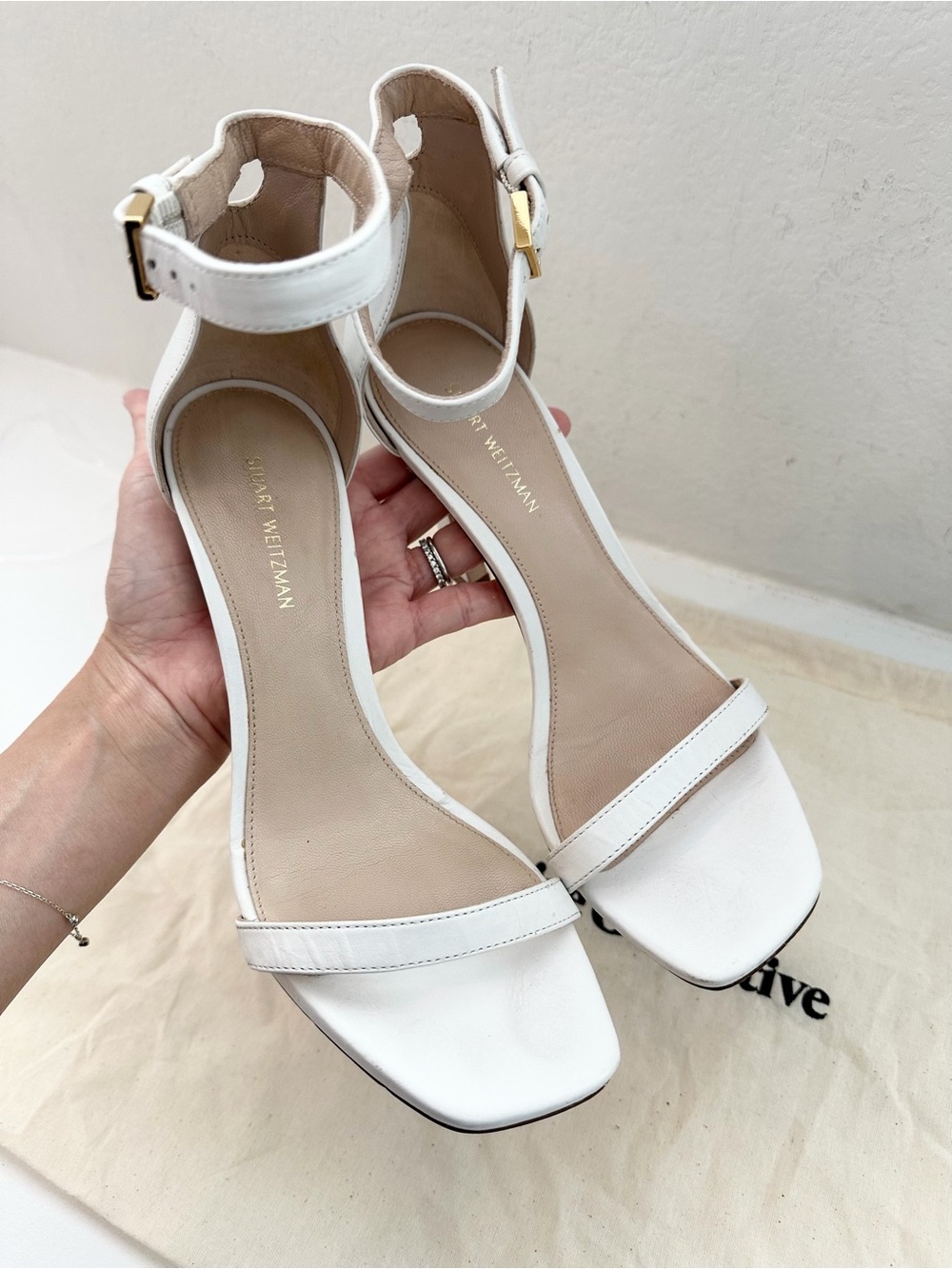 Auth STUART WEITZMAN White Ankle Strap High-Heel Leather Sandals, Size 5.5